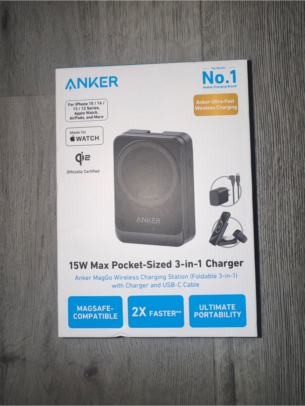 Anker 15W MagGo Pocket 3-in-1 Wireless Charger - Black